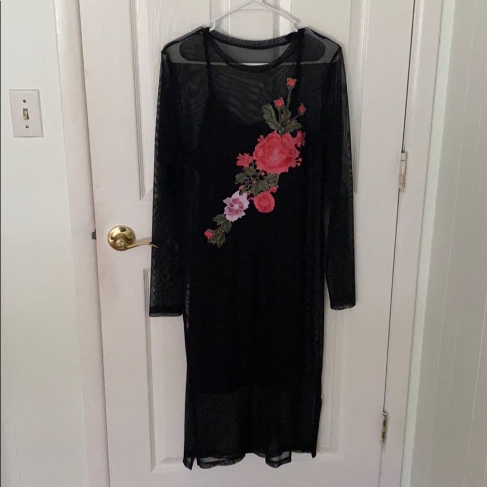 Black Sheer Floral Dress with Slip attached